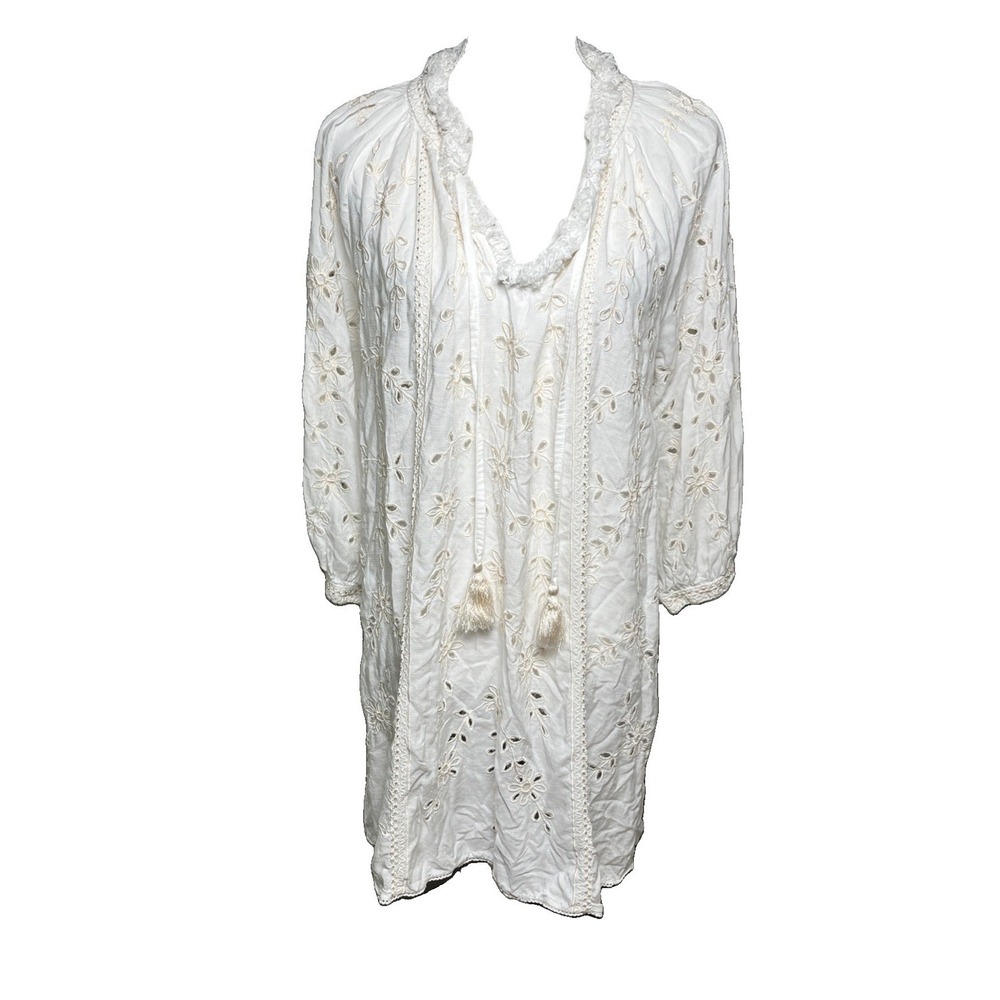 Sundance Catalog Trisha Eyelet Coverup Tunic Dress M Ivory Eyelet Tassels Boho
